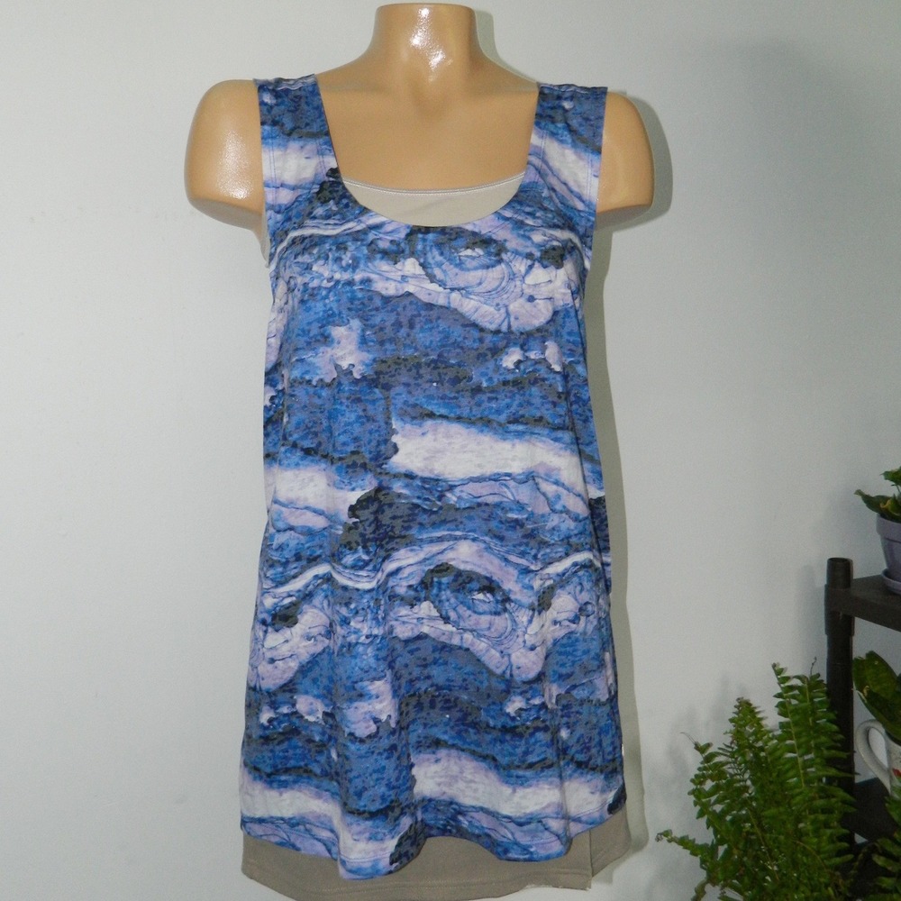 Bally Active Tank Top Womens 1X Blue Marble Abstract Crisscross Back NWT